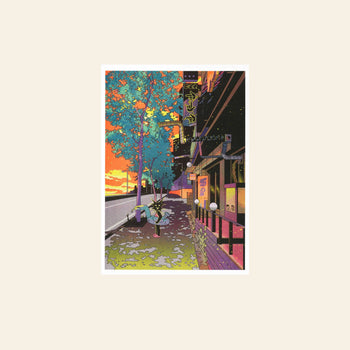 KIBLIND Atelier Jinhwa Jang - Summer 1 by KIBLIND Atelier features a vibrant, stylized sunset street scene with a person walking under leafy trees and neon signs, warm orange and purple hues reflecting off the buildings.