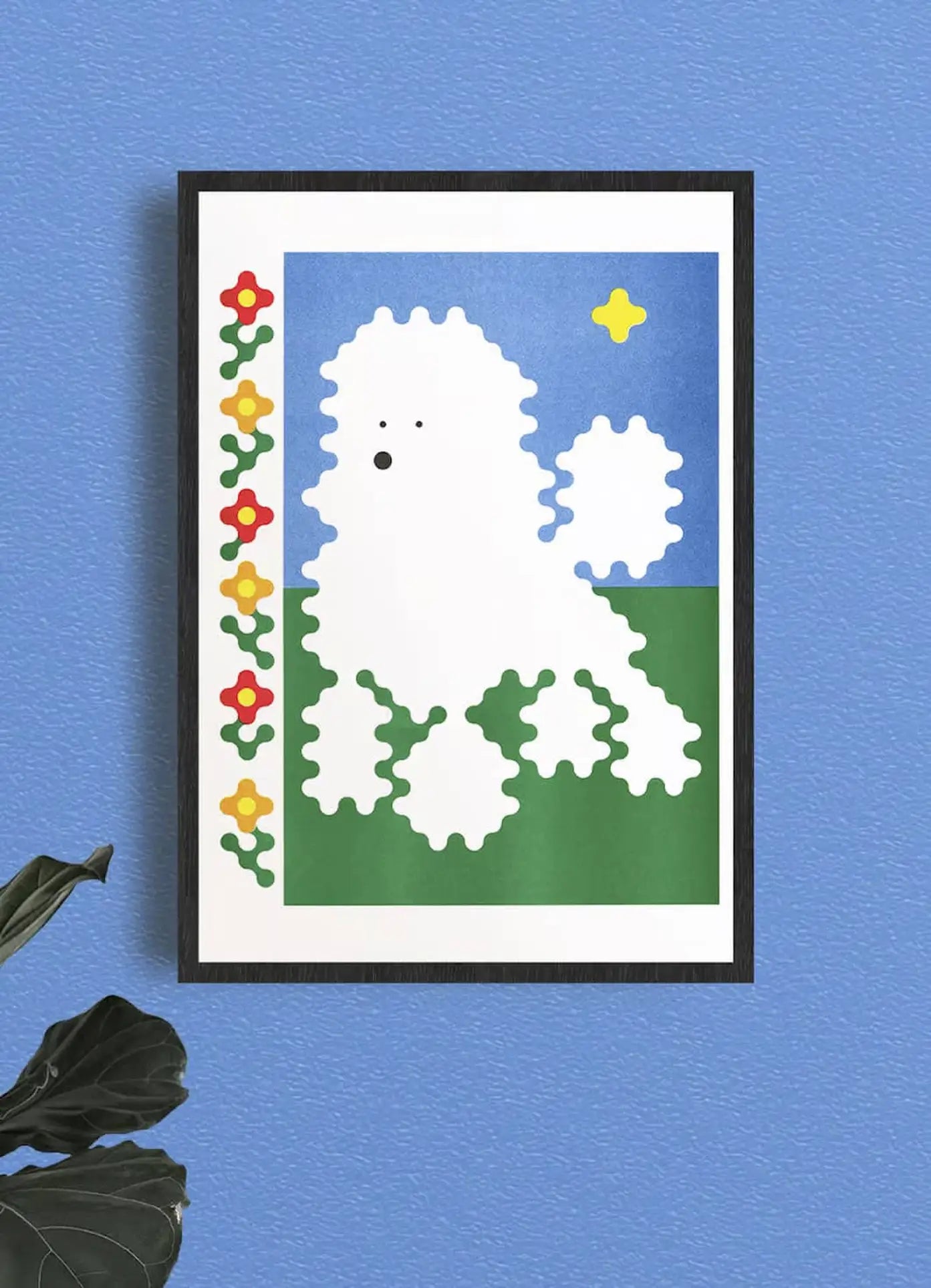 KIBLIND Atelier’s framed Joe ODonnell - Poodle features a white poodle under a blue sky, green grass, and a yellow star, with red and yellow flowers on the side—an Impressionism 2.0 piece ideal for textured blue walls.