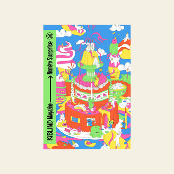 A vibrant illustration of a giant cake with candles and fantasy creatures adorns the cover of KIBLIND Atelier Magazine #86 by KIBLIND Atelier, where Numéro Surprise on a green banner hints at creative surprises within.
