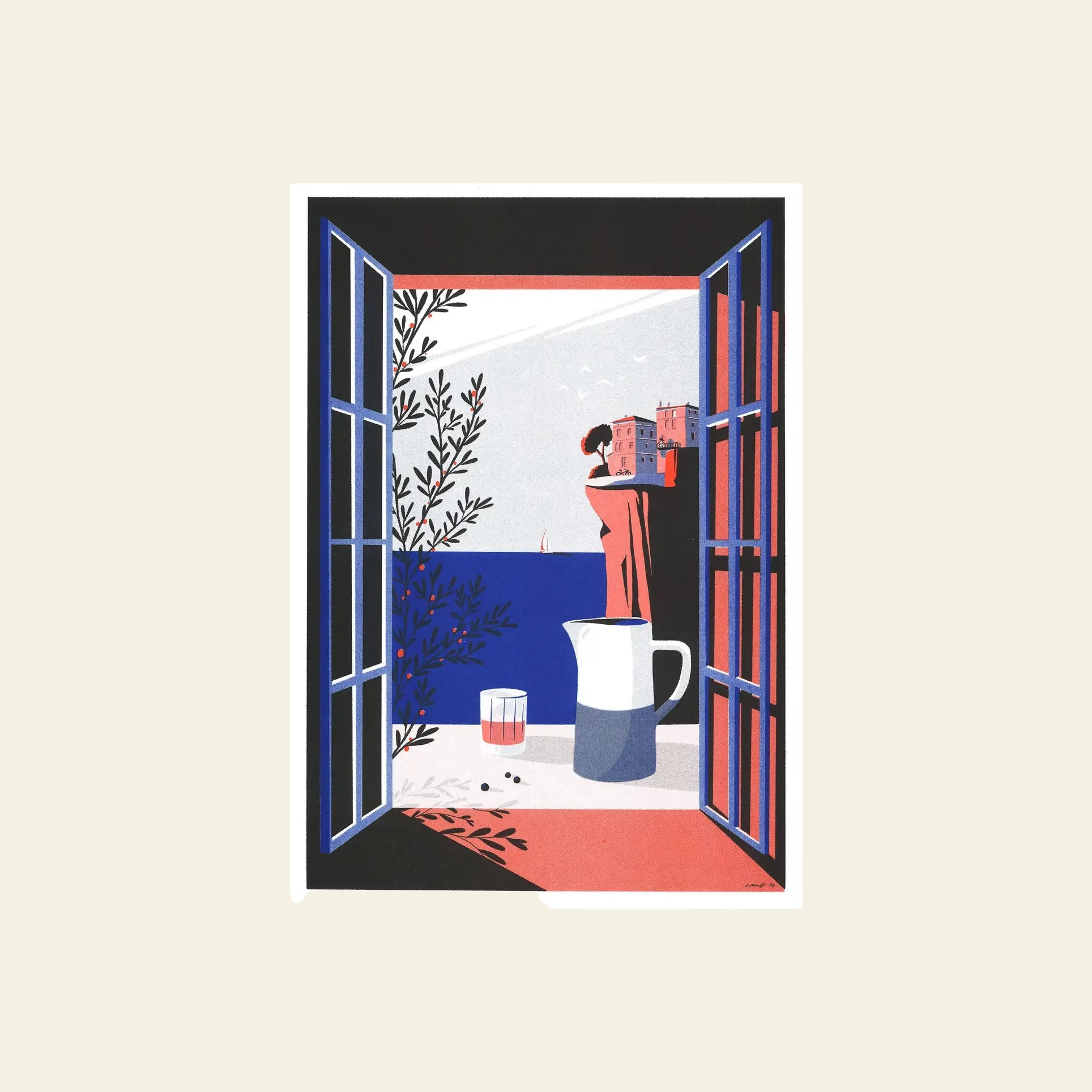 KIBLIND Atelier - Paul Sirand - Bonifacio: A serene digital scene by KIBLIND Atelier, with an open window to the sea, a woman on a balcony, pink building, tree branch, and table set—boldly illustrated in blue, pink, and white.