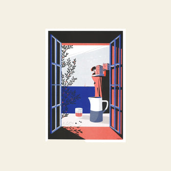 KIBLIND Atelier - Paul Sirand - Bonifacio: A serene digital scene by KIBLIND Atelier, with an open window to the sea, a woman on a balcony, pink building, tree branch, and table set—boldly illustrated in blue, pink, and white.