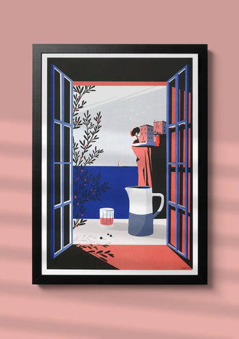 The KIBLIND Atelier - Paul Sirand - Bonifacio artwork by KIBLIND Atelier features an open window to the sea, with vibrant blue, red, and white colors evoking a playful, digital atmosphere.