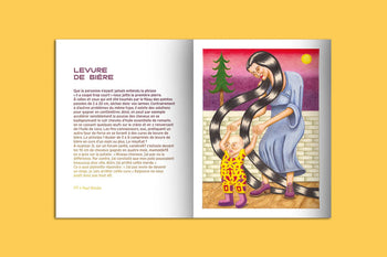 The KIBLIND Atelier Picture Book - Hair by KIBLIND Atelier shows text on the left and a vibrant right-hand illustration of a smiling woman with long hair combing a childs hair in pajamas, beneath a tree and a yellow sun.