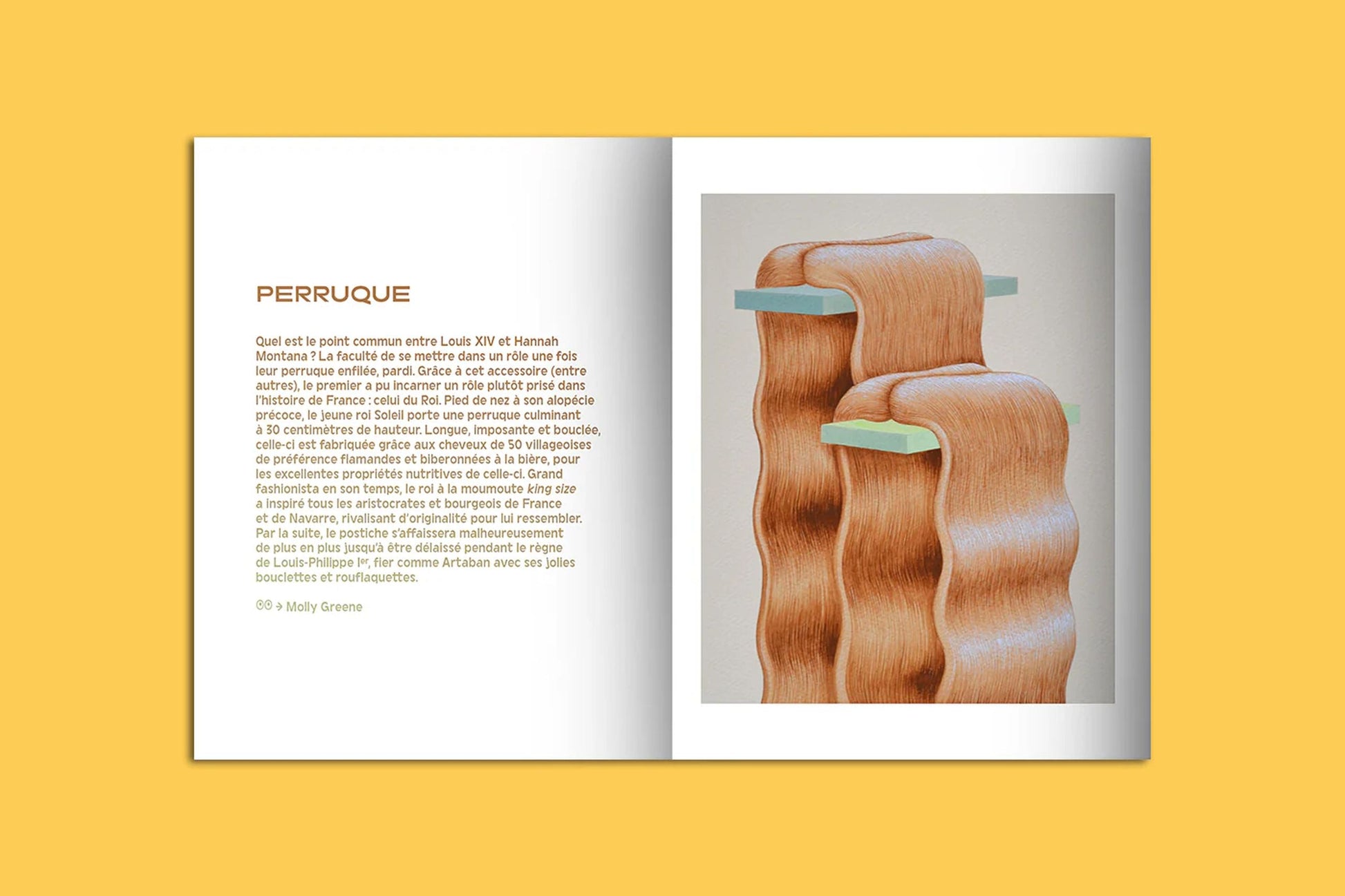 The KIBLIND Atelier Picture Book - Hair by KIBLIND Atelier shows a page titled PERRUQUE with French text on the left and an image of two wavy, reddish-blonde hairpieces draped over pastel bars on the right—part of this limited edition.