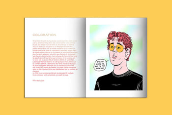 The KIBLIND Atelier Picture Book - Hair by KIBLIND Atelier is a pocket-sized book with text on the left and a modern portrait—red hair, yellow glasses, black shirt—on the right, saying, “NO ONE LIKES ME, BUT I’M FINE WITH THAT.”.
