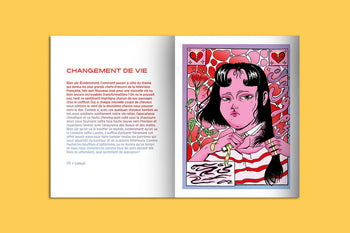A two-page spread from the KIBLIND Atelier Picture Book - Hair by KIBLIND Atelier: left, French text CHANGEMENT DE VIE in red; right, a modern illustration of a serious black-haired girl among red flowers and hearts on yellow.