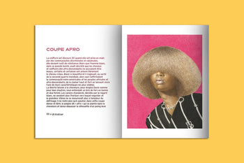The KIBLIND Atelier Picture Book - Hair by KIBLIND Atelier is a pocket-sized book featuring French text about Afro hairstyles on one page and a photo of a person with a round Afro against a vibrant yellow background on the other.