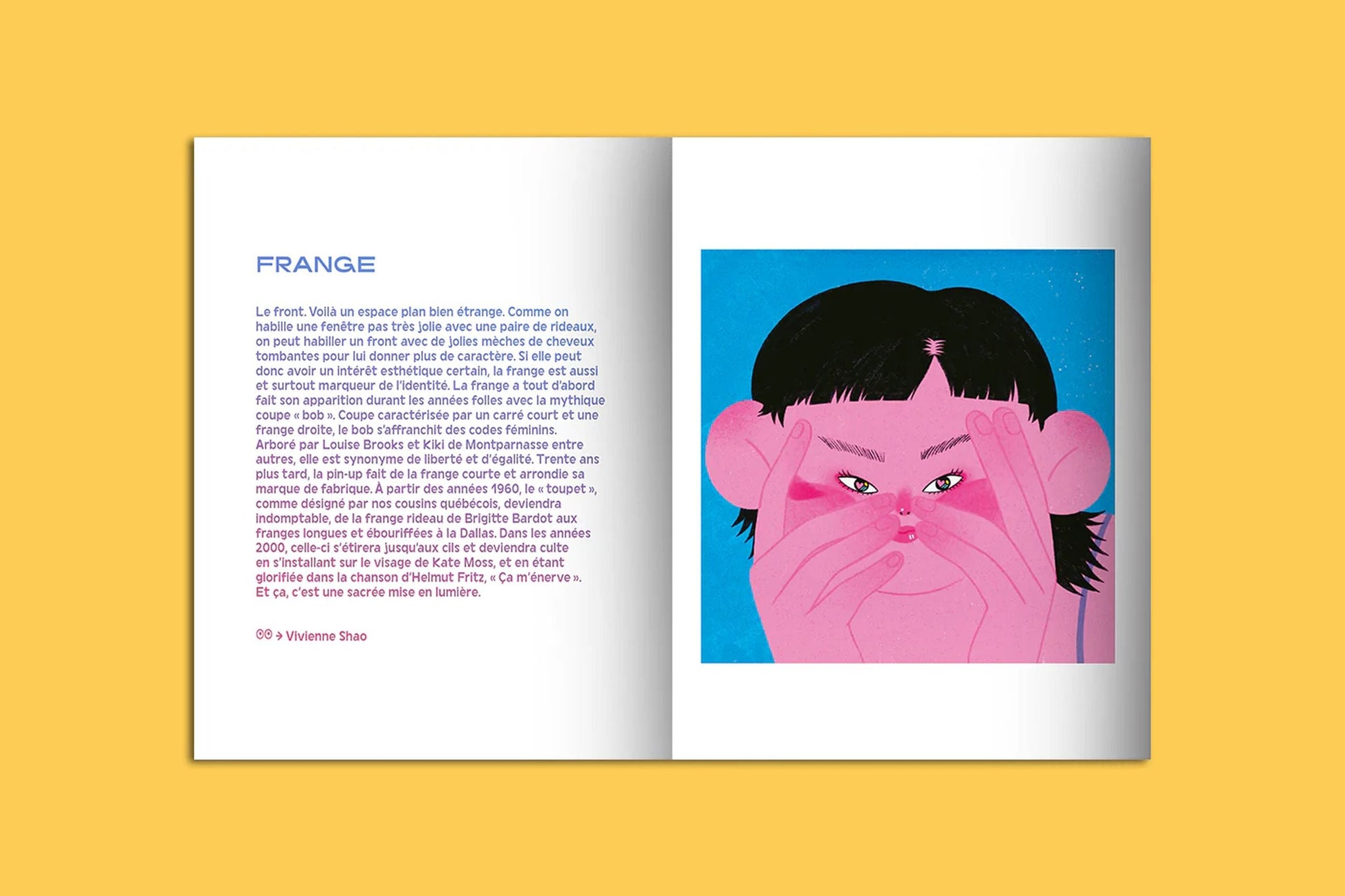 The KIBLIND Atelier Picture Book - Hair by KIBLIND Atelier is open on a yellow background, displaying French text on the left page and a modern illustration of a pink-skinned, black-haired person squinting and framing one eye.