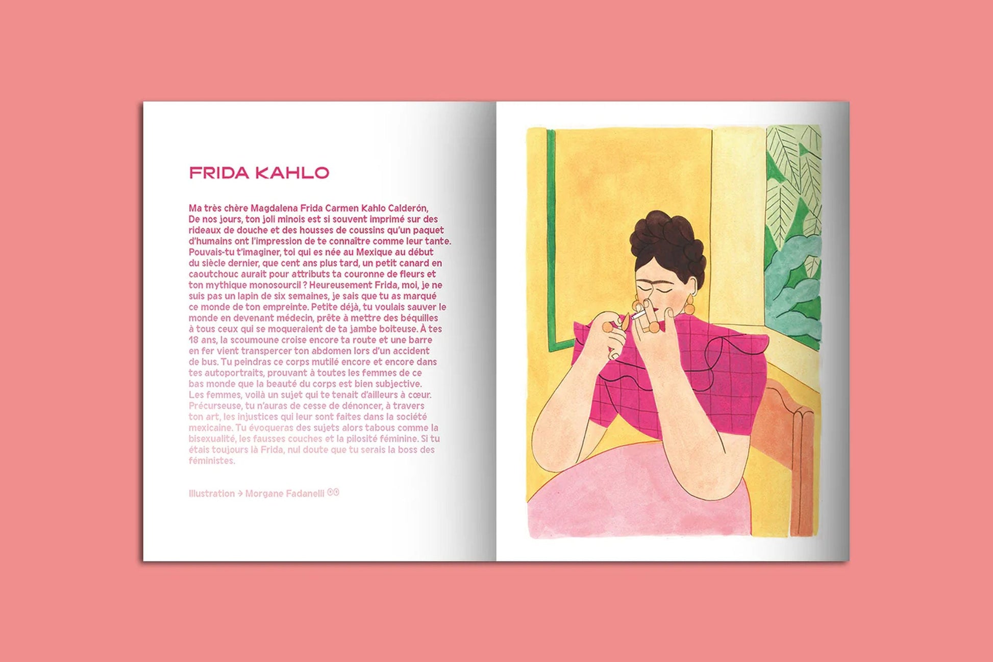 The KIBLIND Atelier Picture Book - Icons by KIBLIND Atelier features a French text spread about Frida Kahlo in pink and gray, with an illustration of her in a pink dress against a vibrant background.