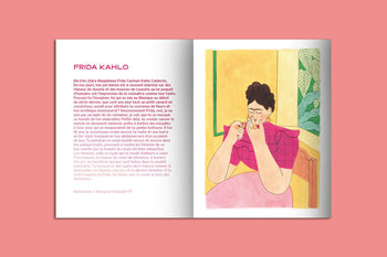 The KIBLIND Atelier Picture Book - Icons by KIBLIND Atelier features a French text spread about Frida Kahlo in pink and gray, with an illustration of her in a pink dress against a vibrant background.