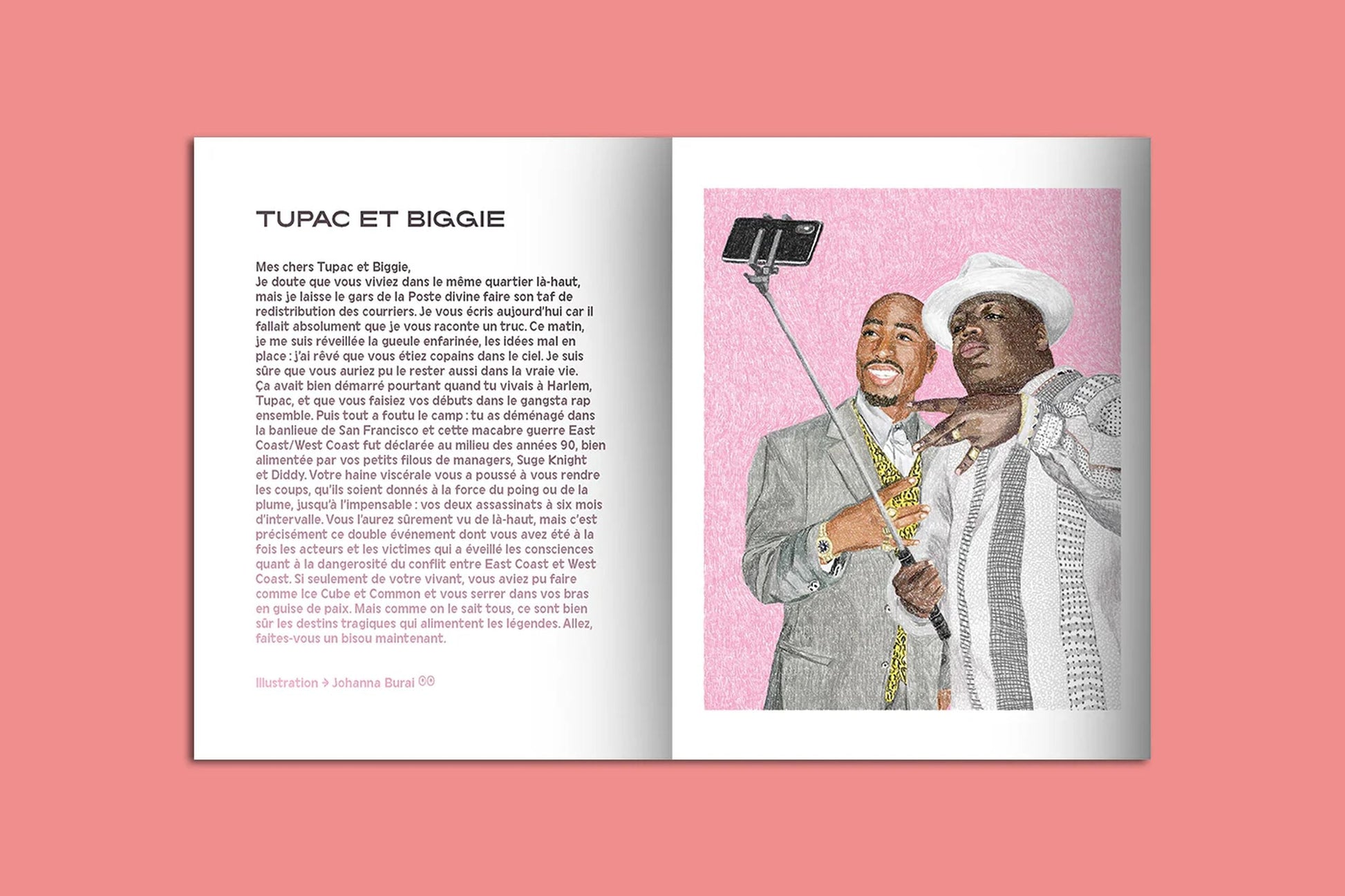 The KIBLIND Atelier Picture Book - Icons by KIBLIND Atelier is open on a pink background, displaying French text and an illustration of Tupac and Biggie in suits taking a selfie with a smartphone on a selfie stick.