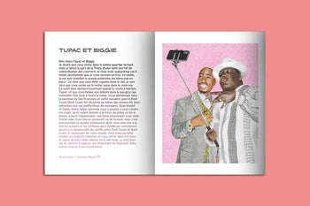 The KIBLIND Atelier Picture Book - Icons by KIBLIND Atelier is open on a pink background, displaying French text and an illustration of Tupac and Biggie in suits taking a selfie with a smartphone on a selfie stick.