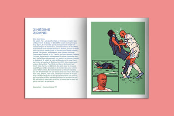 The KIBLIND Atelier Picture Book - Icons by KIBLIND Atelier features a spread with text about Zidane on the left and an illustration of him headbutting another player on the right, all set against a pink background.