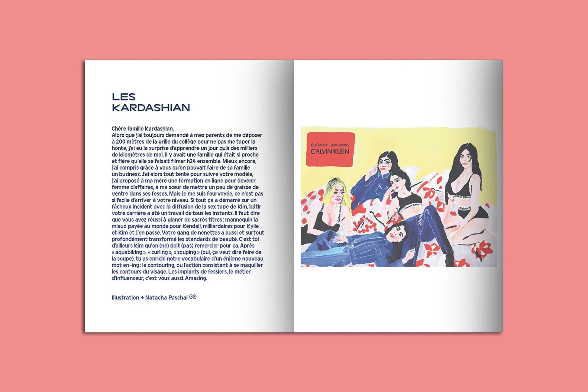 An open KIBLIND Atelier Picture Book - Icons by KIBLIND Atelier rests on a pink background. The left page shows French text titled Les Kardashian, while the right page features five people posing in Calvin Klein underwear on yellow.