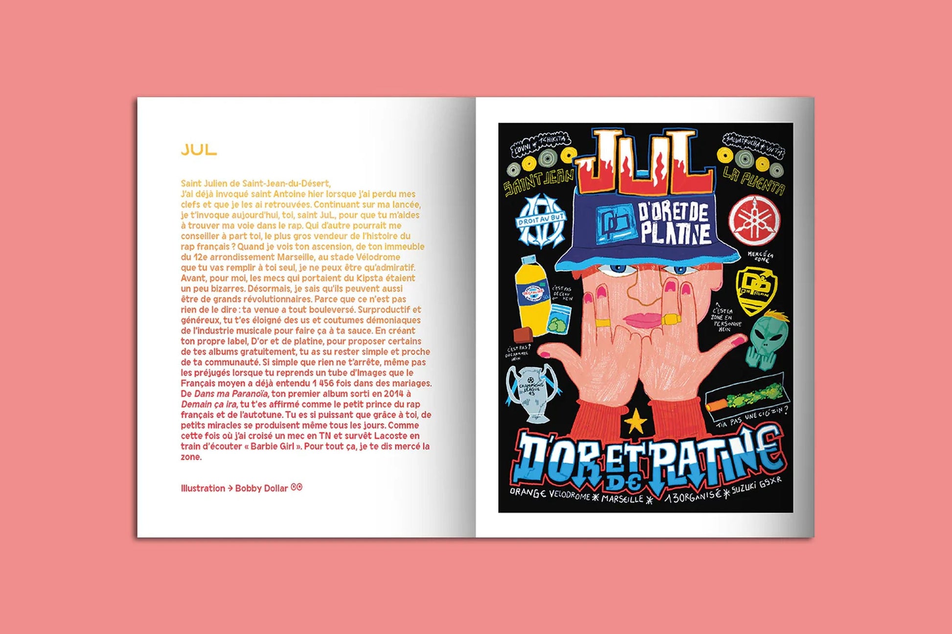 An open KIBLIND Atelier Picture Book - Icons by KIBLIND Atelier rests on a pink background, featuring French text and headings about legendary icons on the left and a vibrant illustrated tribute poster with bold French graphics on the right.