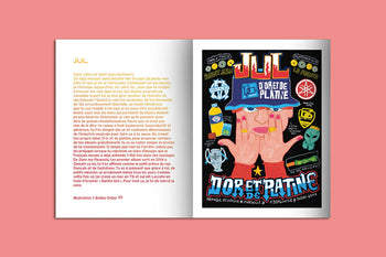An open KIBLIND Atelier Picture Book - Icons by KIBLIND Atelier rests on a pink background, featuring French text and headings about legendary icons on the left and a vibrant illustrated tribute poster with bold French graphics on the right.