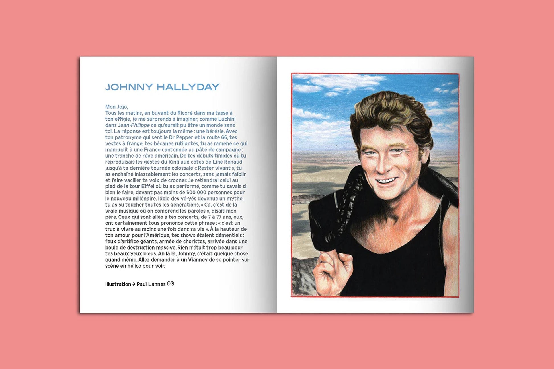 The KIBLIND Atelier Picture Book - Icons by KIBLIND Atelier is open on a pink background, showing French text about Johnny Hallyday on the left and his smiling portrait in a desert on the right.