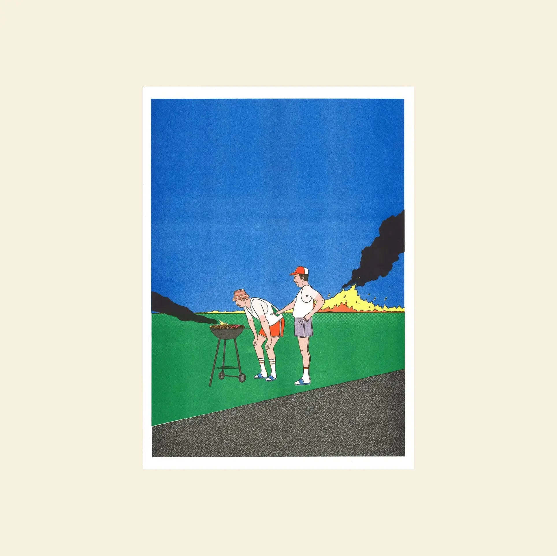 Two people stand on grass with a barbecue grill in KIBLIND Atelier Simon Bailly - Barbeuc. One grills while the other stands arms crossed; behind them, fire and black smoke blaze over a yellow field beneath clear blue sky.