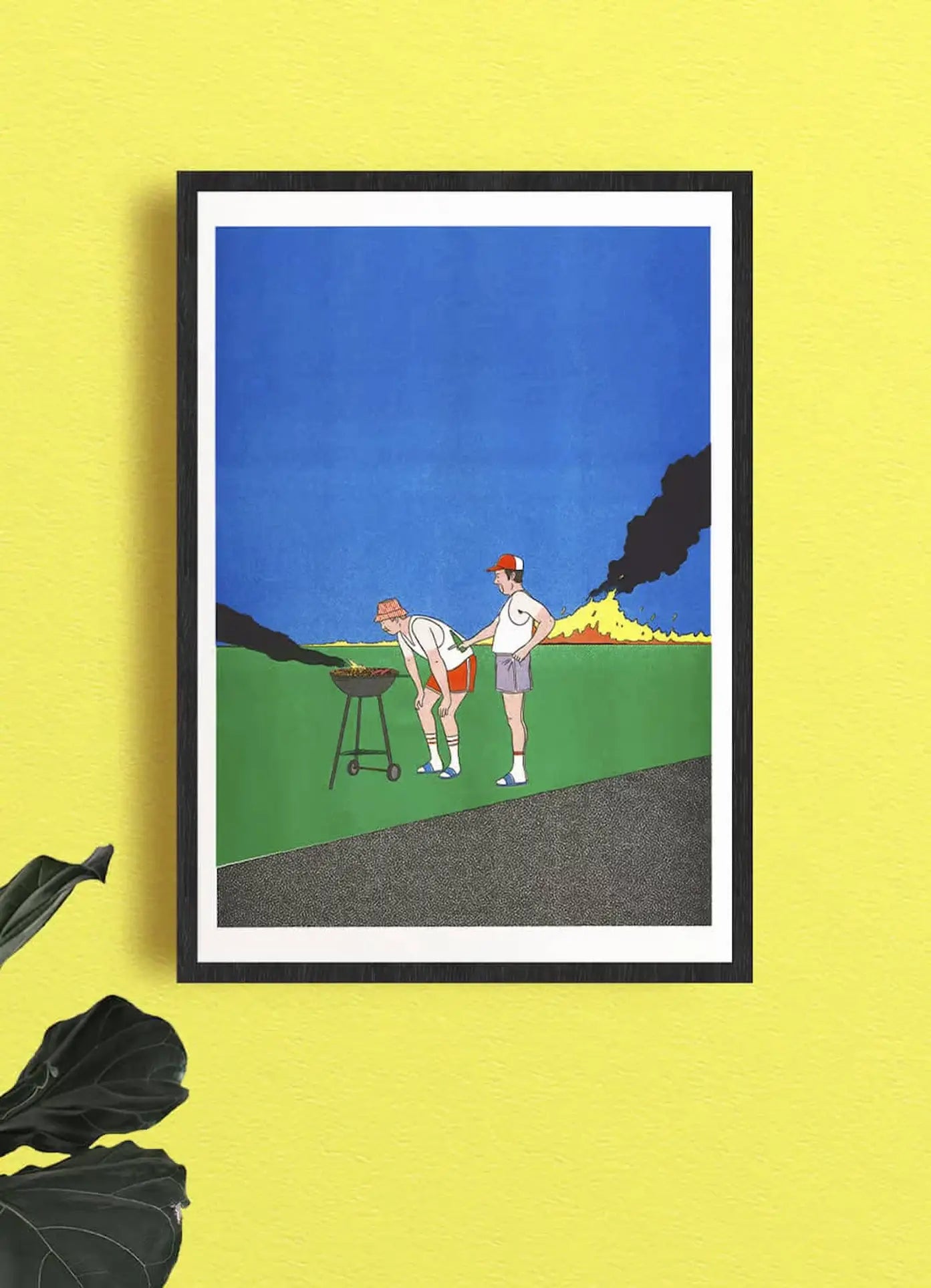 KIBLIND Atelier Simon Bailly - Barbeuc by KIBLIND Atelier features two people grilling on grass with a large, smoky fire in the background. The whimsical risography print is framed and displayed on a yellow wall.