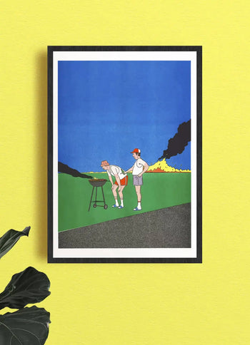 KIBLIND Atelier Simon Bailly - Barbeuc by KIBLIND Atelier features two people grilling on grass with a large, smoky fire in the background. The whimsical risography print is framed and displayed on a yellow wall.