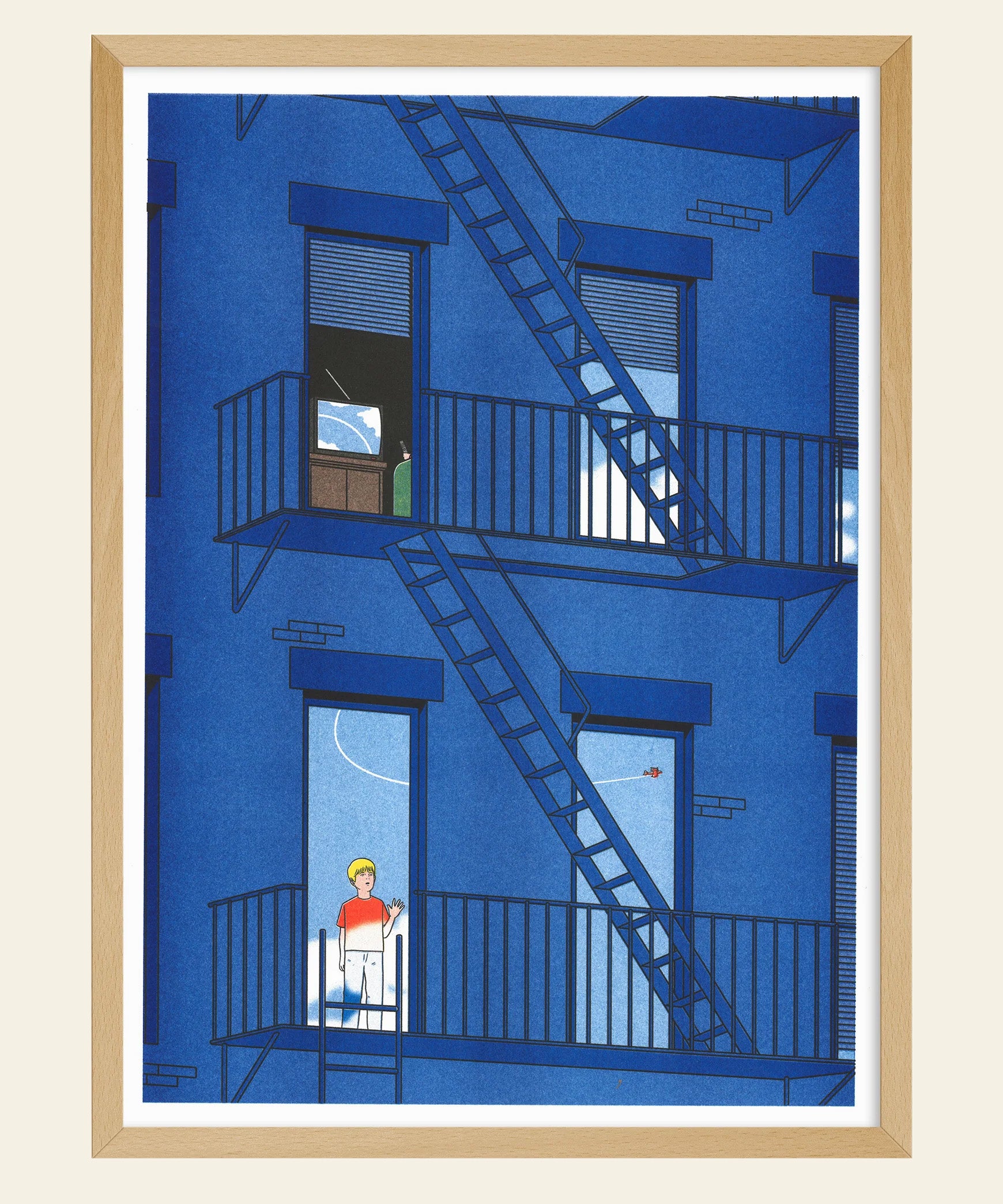 KIBLIND Atelier Simon Bailly - Porco Rosso Poster by KIBLIND Atelier: Features a blue apartment with fire escapes in Franco-Belgian comic style. A child on a balcony watches a red ball bounce, with interior details and light wood framing.