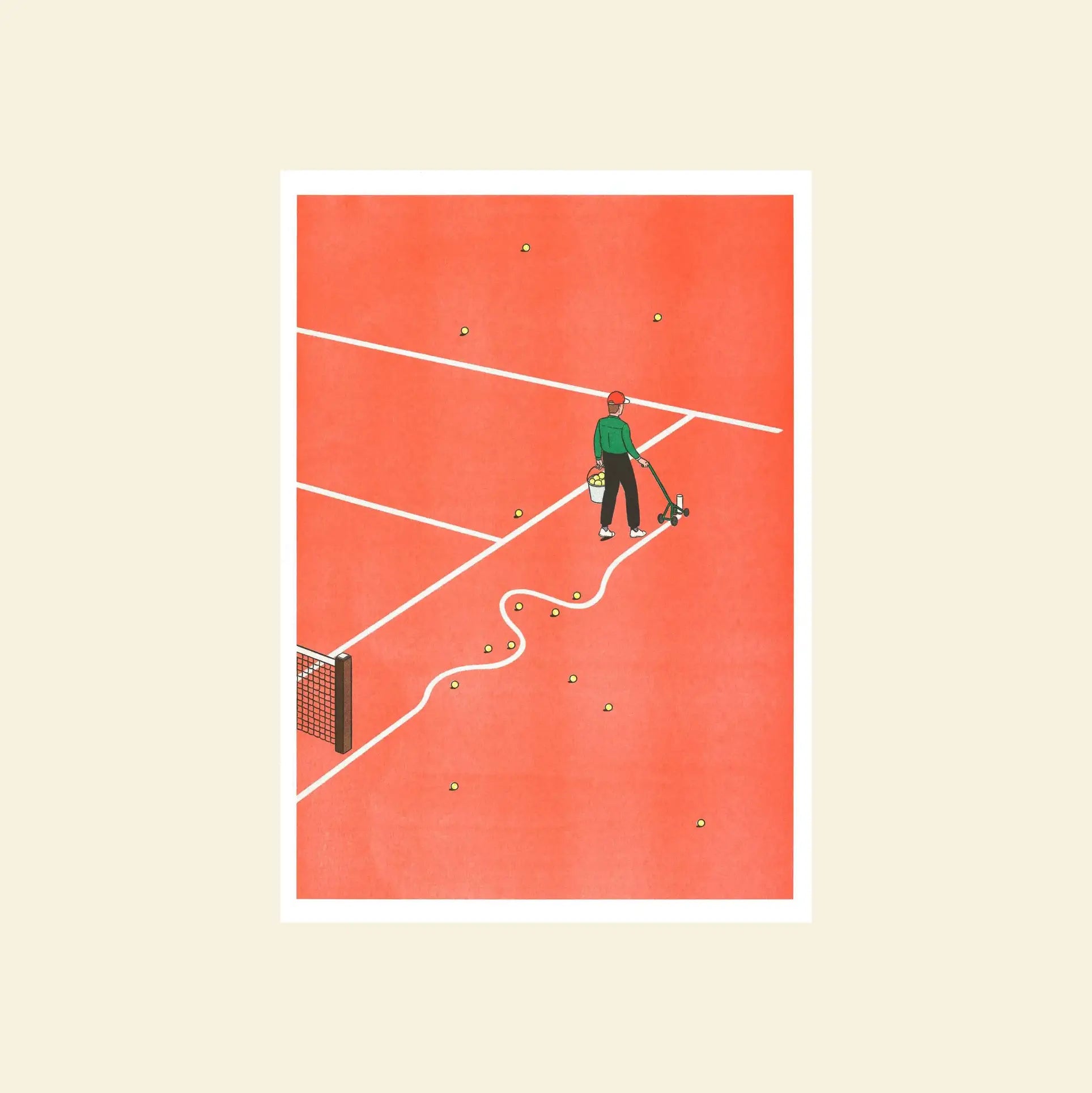 KIBLIND Atelier Simon Bailly - Roland-Garros by KIBLIND Atelier: A playful illustration of a person and dog on a red tennis court, gathering balls with a basket, inspired by risography printing.