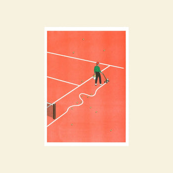 KIBLIND Atelier Simon Bailly - Roland-Garros by KIBLIND Atelier: A playful illustration of a person and dog on a red tennis court, gathering balls with a basket, inspired by risography printing.