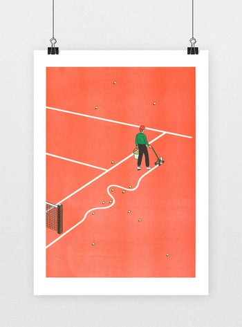 KIBLIND Atelier Simon Bailly - Roland-Garros by KIBLIND Atelier features a risography-inspired illustration of a person marking tennis court lines with scattered balls and a wavy trail, inviting viewers into playful, whimsical scenes.