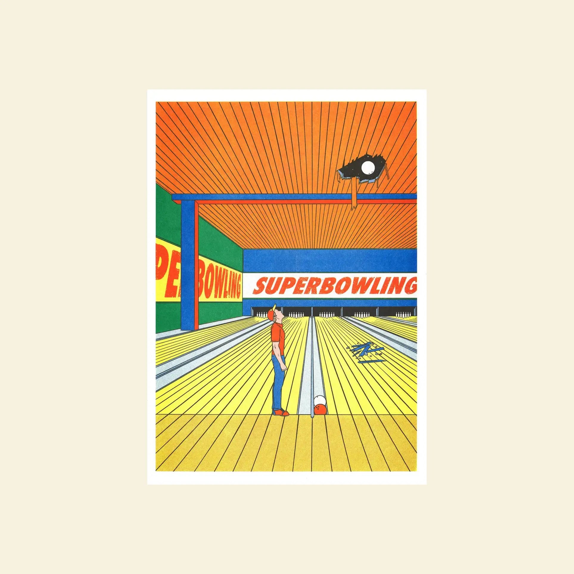 A person stands in a vibrant bowling alley from KIBLIND Atelier Simon Bailly - Super Bowling, with bold red, yellow, blue, and green colors—an inviting scene echoing whimsical worlds by KIBLIND Atelier.
