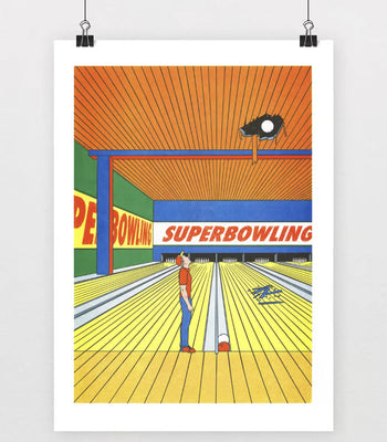 A playful risograph print by KIBLIND Atelier, Super Bowling by Simon Bailly, features a cartoon figure gazing at a black hole above the pins in a bowling alley beneath bold SUPERBOWLING letters on the back wall.