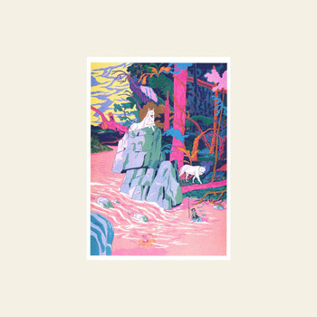 KIBLIND Atelier Simon Roussin - Princess Mononoke features a vibrant jungle scene with two white lions—one on a rock, one below—surrounded by pink water, lush foliage, and striking yellow and purple skies.