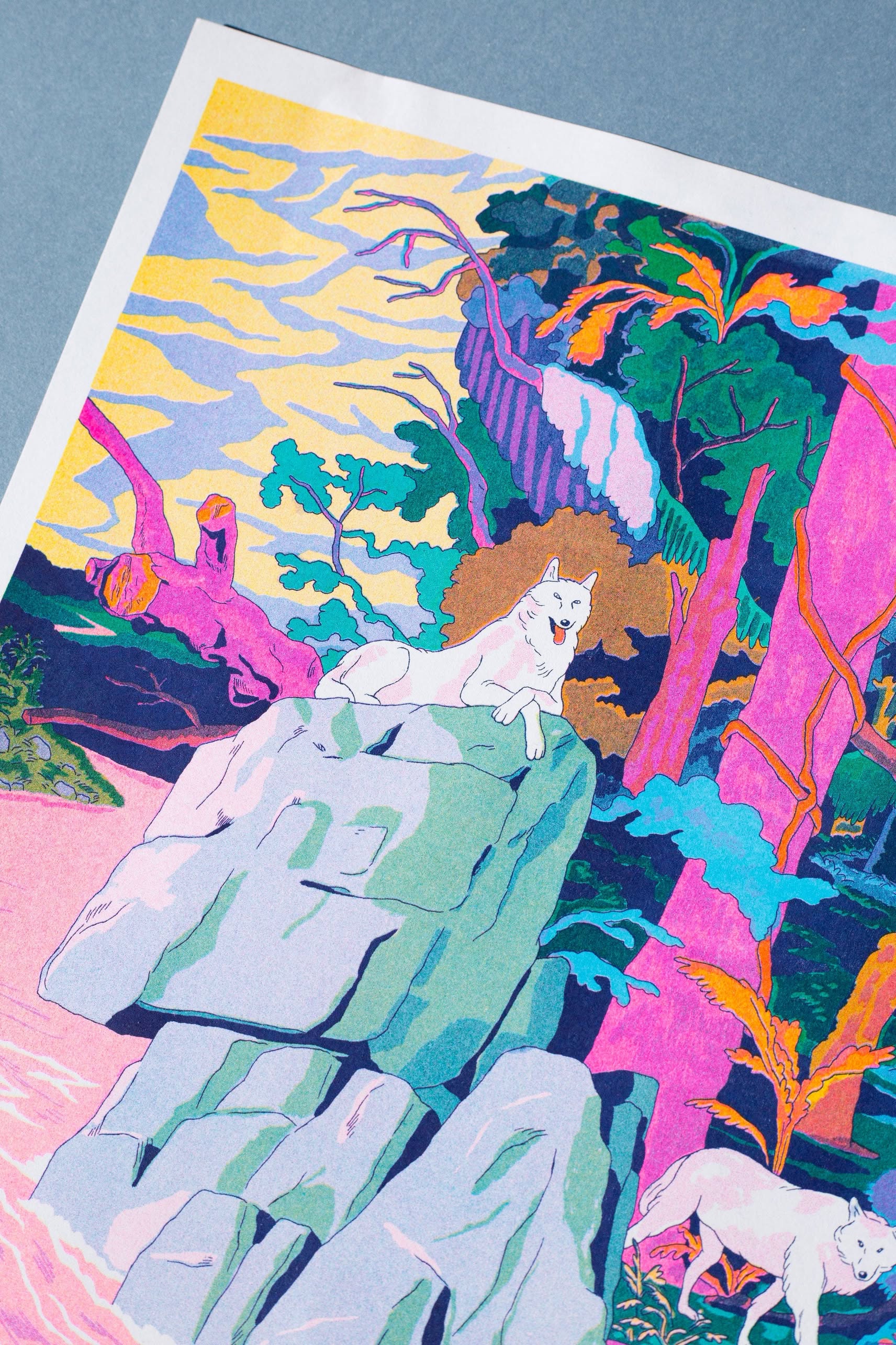 The KIBLIND Atelier Simon Roussin - Princess Mononoke print by KIBLIND Atelier shows a white wolf resting on rocks in a lush, fantasy forest with vibrant trees, dramatic clouds, and another animal in the scene.