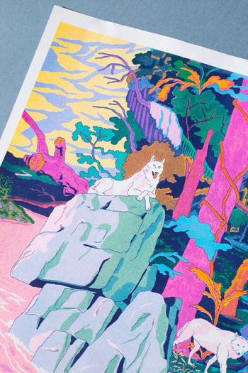 The KIBLIND Atelier Simon Roussin - Princess Mononoke print by KIBLIND Atelier shows a white wolf resting on rocks in a lush, fantasy forest with vibrant trees, dramatic clouds, and another animal in the scene.