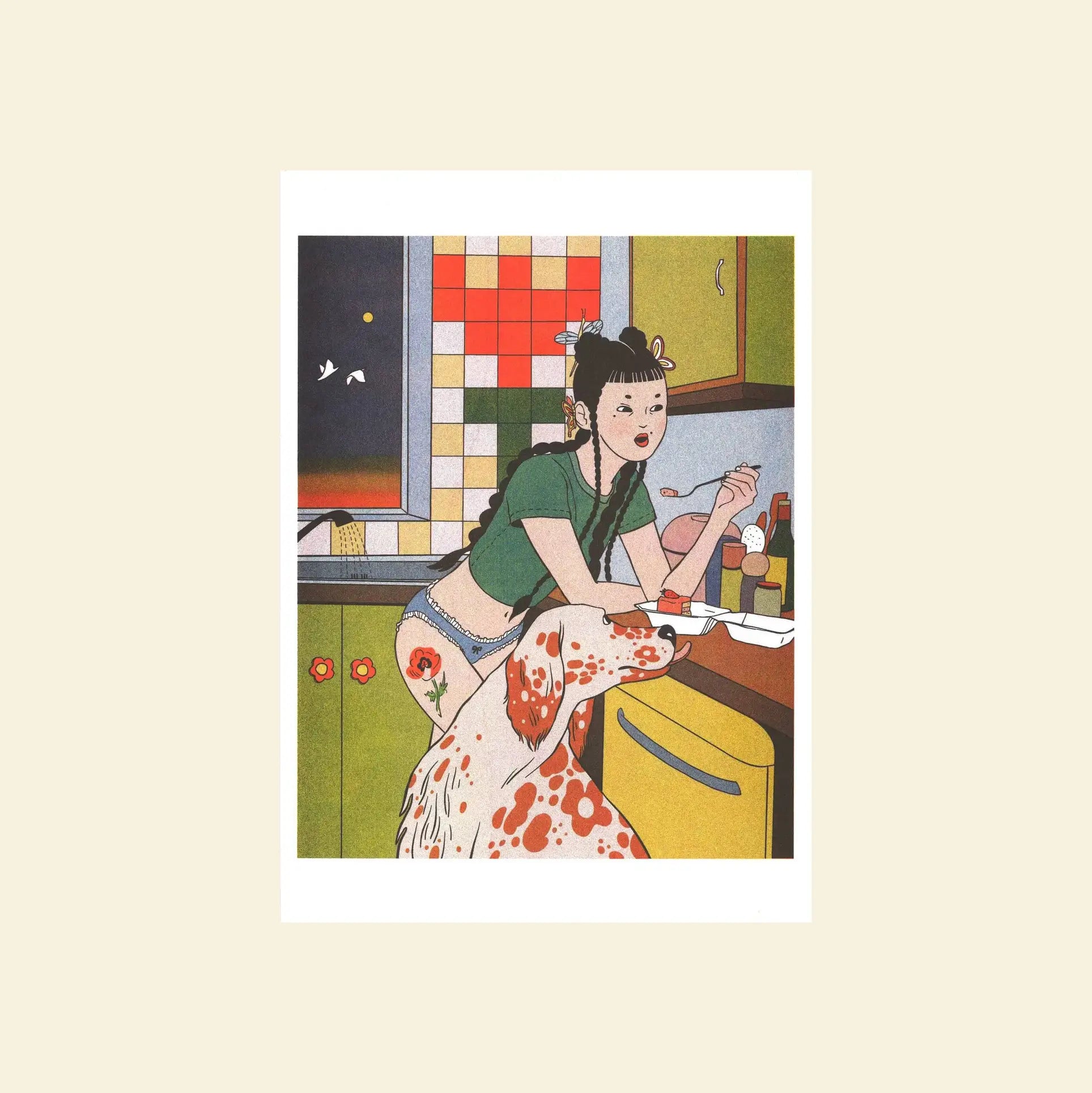 KIBLIND Atelier Sunny Wu - Midnight Snacks: A cozy scene of a woman with space buns enjoying late-night snacks in her kitchen with green cabinets, while her large spotted dog rests its head on her lap under a night sky.