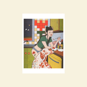 KIBLIND Atelier Sunny Wu - Midnight Snacks: A cozy scene of a woman with space buns enjoying late-night snacks in her kitchen with green cabinets, while her large spotted dog rests its head on her lap under a night sky.
