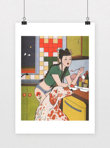 The KIBLIND Atelier Sunny Wu - Midnight Snacks print by KIBLIND Atelier features a woman with a high ponytail enjoying late-night snacks at her kitchen counter with her spotted dog, colorful tiles, green cabinets, and a night sky outside.
