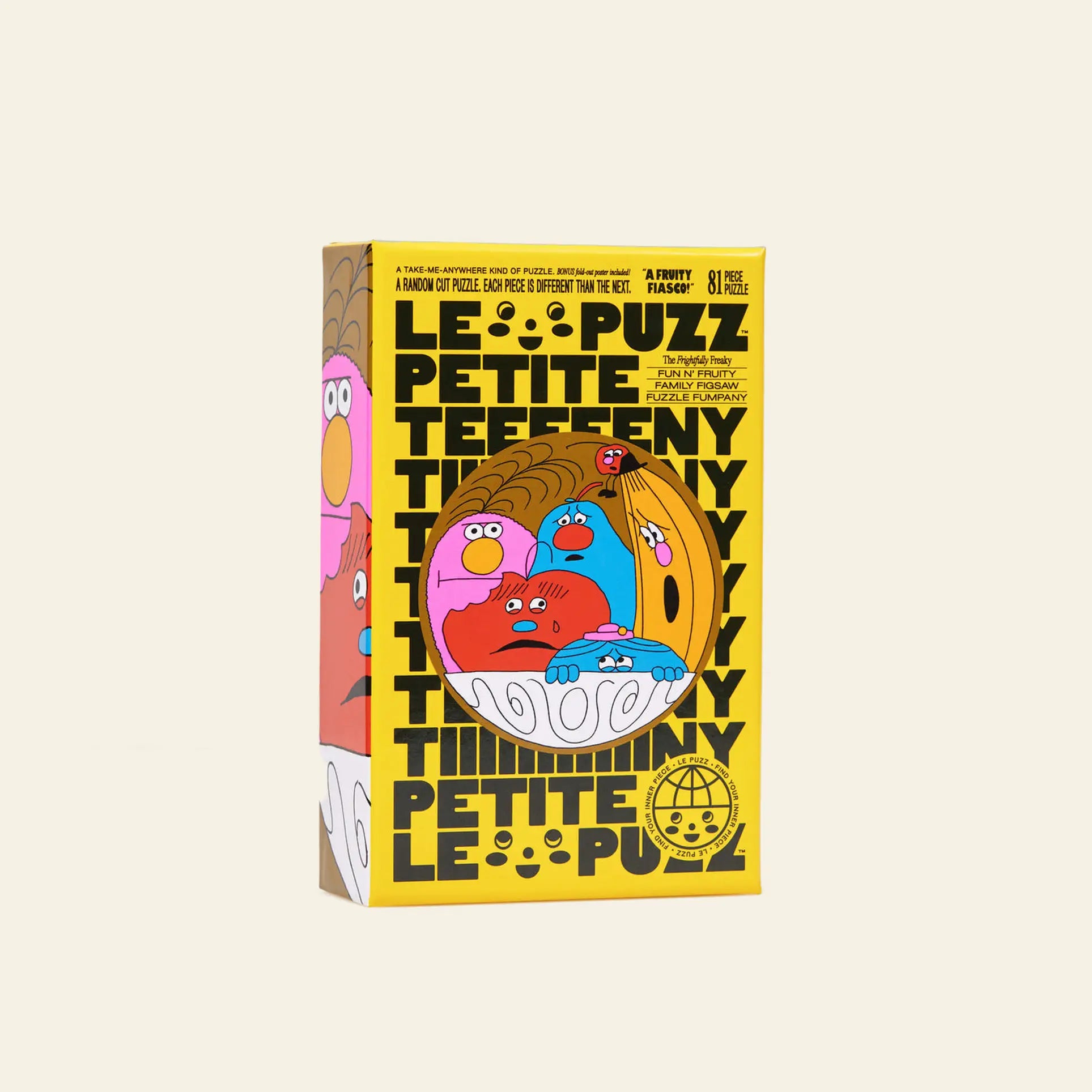 Le Puzz’s A Fruity Fiasco is an 81-piece puzzle in a bright yellow box featuring cartoon fruit inside a peach, bold black “Le Puzz Petite” text, and promises a fruity mystery for your fruit bowl.