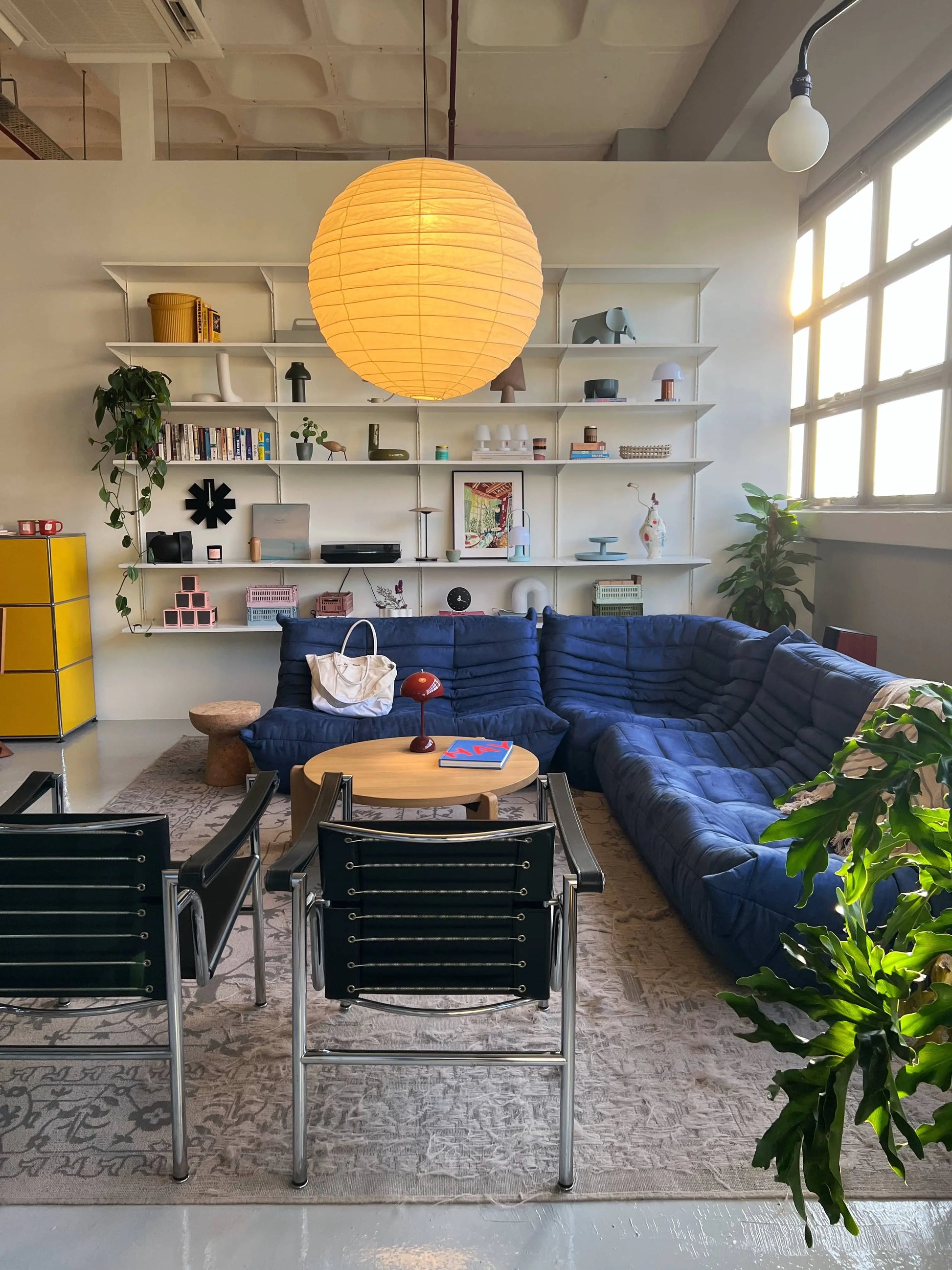 A cozy living room featuring the Ligne Roset Togo, 2 Seater by Ligne Roset in blue, two black chairs, a round wooden coffee table, a paper lantern ceiling light, wall shelves with books and decor, and large windows for natural light.