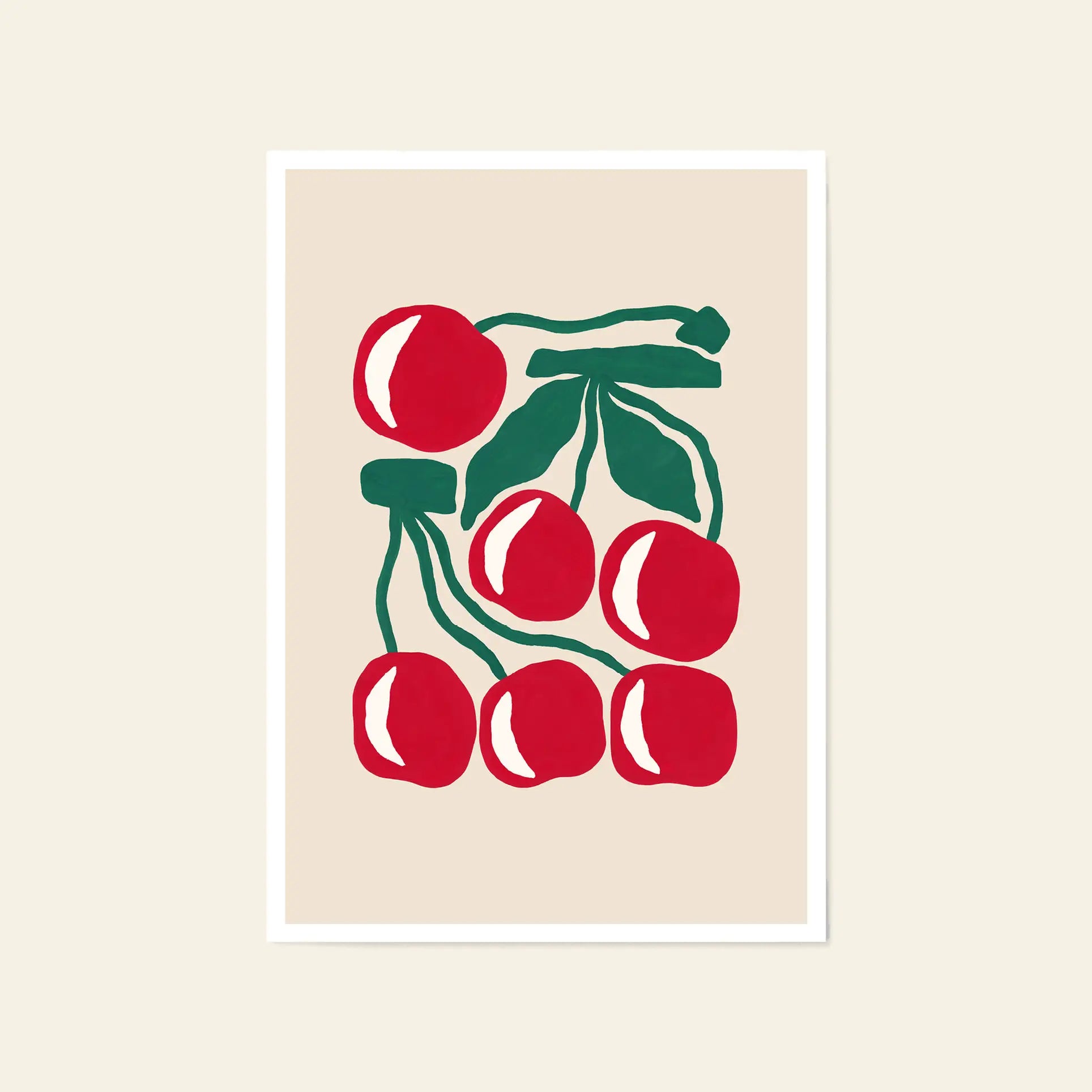 Liv Lee Cherries (Cream) by Liv Lee features six bright red cherries with green stems and leaves on a beige background. This A3 archival-quality giclée print is produced on premium Hahnemühle stock, finished with a white border.