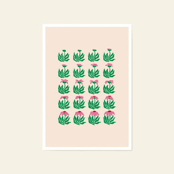 The Liv Lee Daisy Frames print by Liv Lee features a minimalist grid of pink daisies with green leaves on a light beige background, bordered in white and printed on archival-quality Hahnemühle giclée paper.