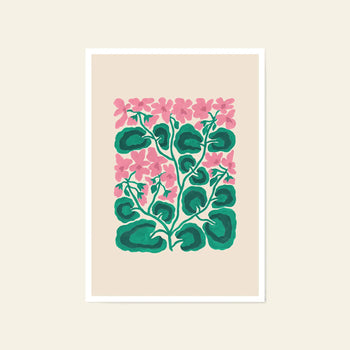 The Liv Lee Geraniums giclée print by Liv Lee showcases pink geraniums and green leaves on beige, bordered in white and set on a light cream backdrop—ideal for modern interiors.