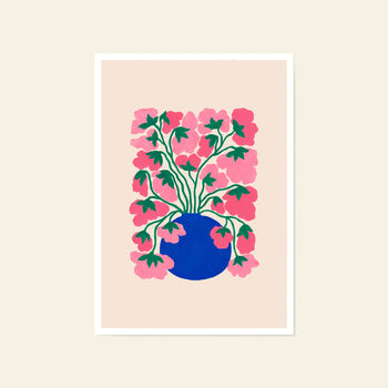 The Liv Lee Sweet Peas giclée print by Liv Lee features a blue vase with pink flowers and green leaves on beige. This archival-quality artwork highlights bold, rounded petals and flowing stems in a simple, elegant style.