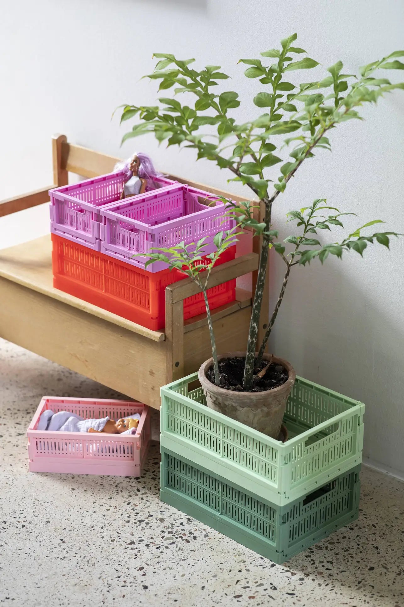 A Made Crate Midi by Made Crate in green holds a potted plant on the floor next to a wooden bench stacked with red, orange, and purple eco-friendly folding crates. A pink Made Crate Midi with small items sits beside the bench.