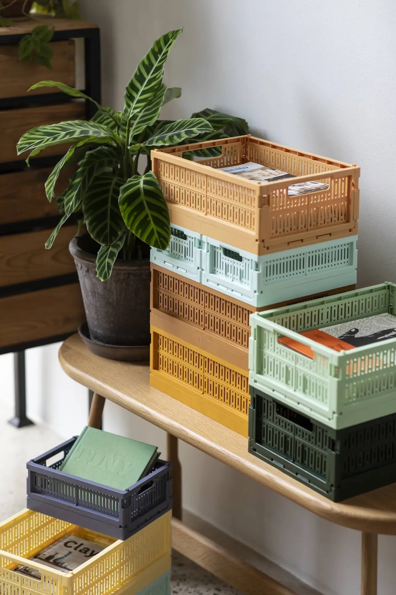 A stack of colorful Made Crate Mini folding crates by Made Crate, crafted from recycled plastic, sits on a wooden bench beside a potted plant. Some crates hold books and papers for a tidy, organized display with convenient stacking.