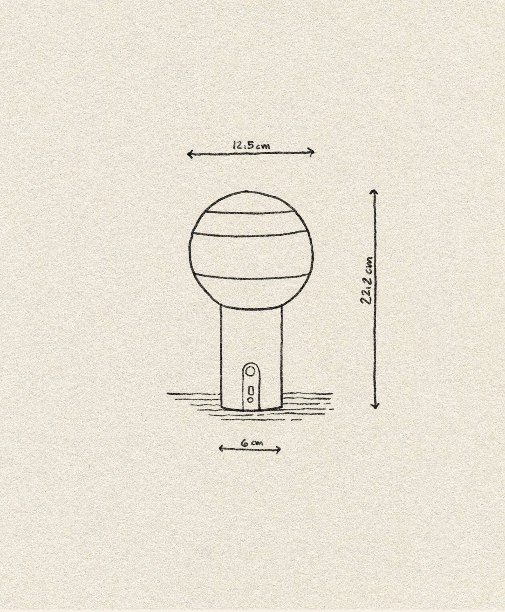 A minimalist line drawing of the Marset Dipping Light Portable by Marset, showing a colored glass sphere (12.5 cm diameter), cylindrical base (6 cm wide), and overall height of 22.2 cm—perfect for creating ambient lighting.
