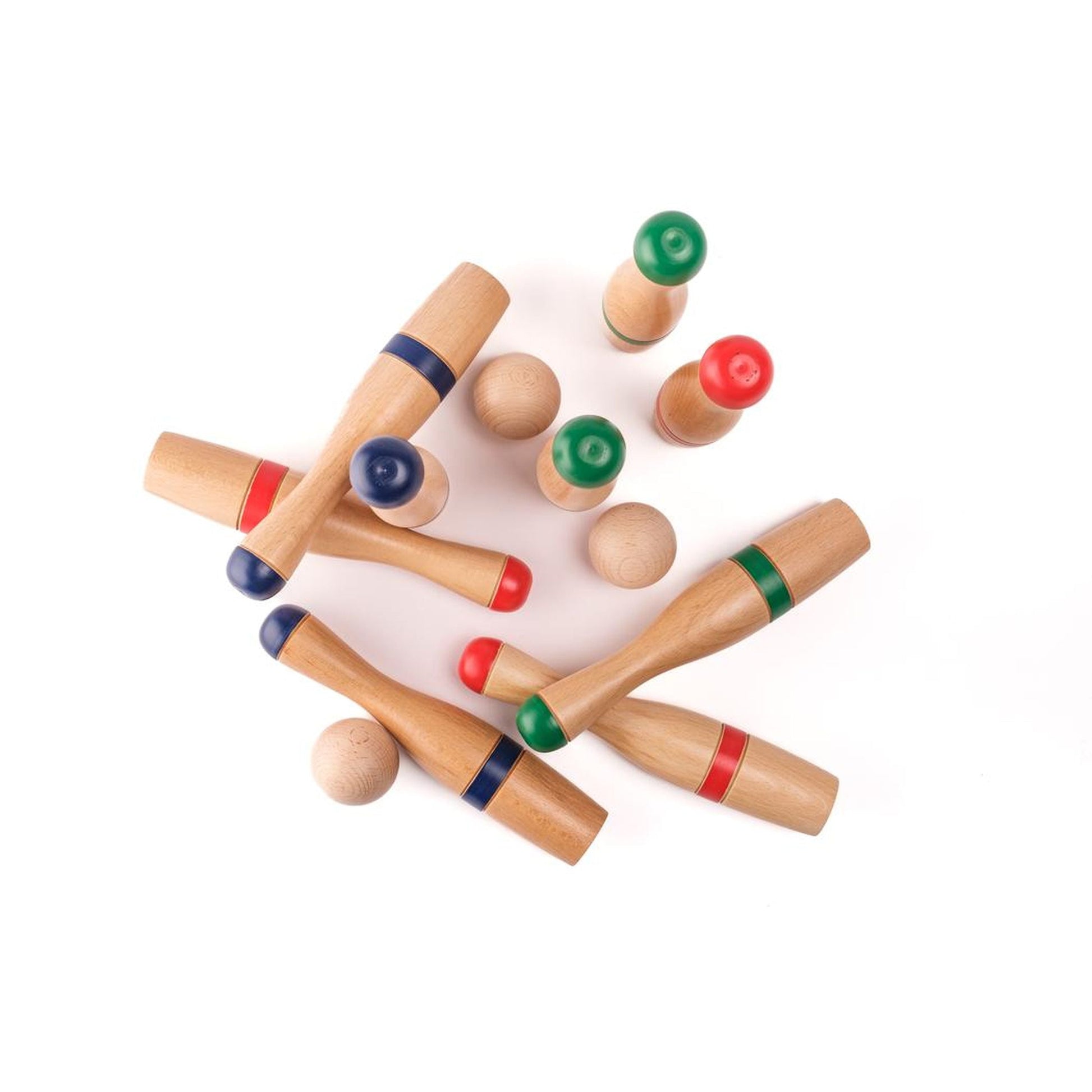 The Mora Play Bowling Pins 24cm Set of 6 features wooden skittles with red, blue, and green bands plus two balls, arranged on a white background. Easy to play and store in the included fabric bag by Mora Play.