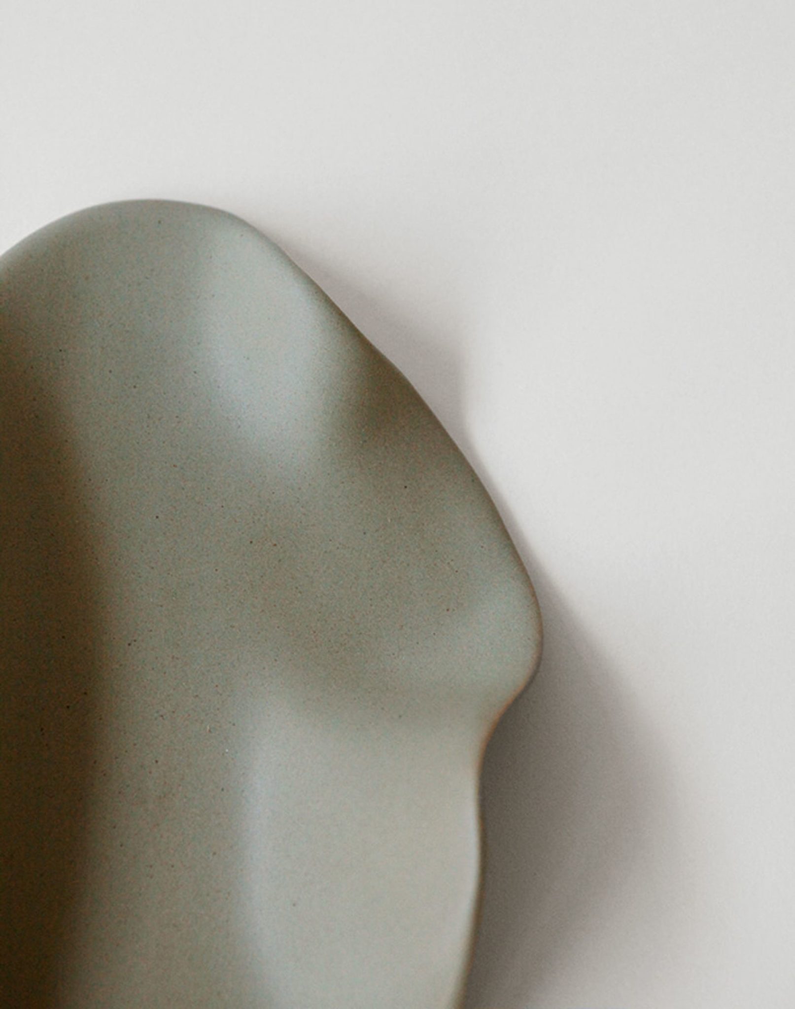 A close-up shows a smooth, matte, light grey NR Ceramics HIN Leaf Plate with an organic, irregular shape on a white background. Only part of this multi-functional NR Ceramics tableware is visible in the image.