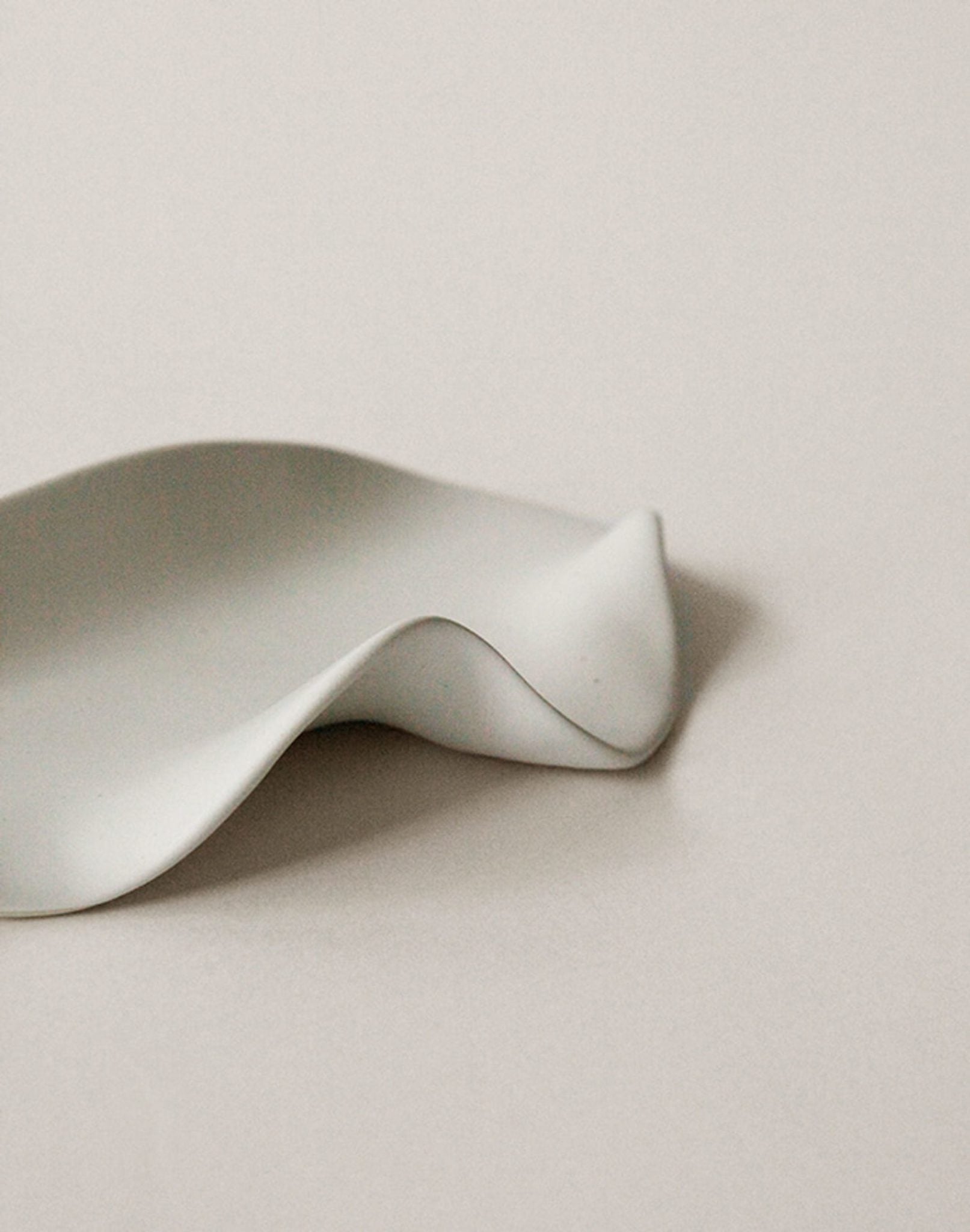 The NR Ceramics HIN Leaf Plate, a minimalist light gray ceramic piece with smooth, wavy edges, sits on a neutral surface. This multi-functional tableware by NR Ceramics features an abstract, organic shape that casts soft shadows.