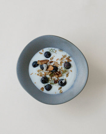 An NR Ceramics HIN Soup Bowl in gray, filled with yogurt, blueberries, granola, seeds, and green herbs on a neutral background—showcasing NR Ceramics versatile HIN tableware for any occasion.