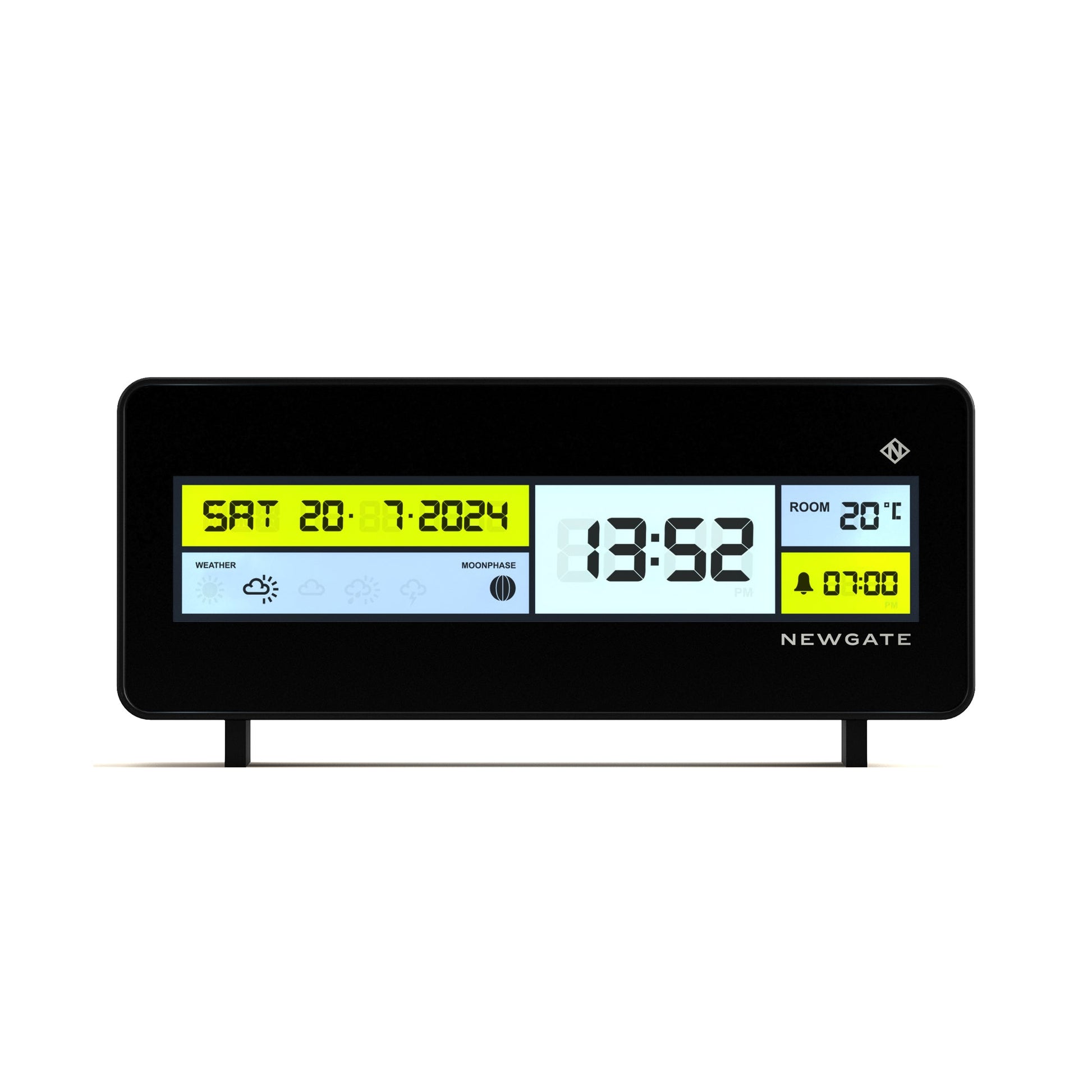 The Newgate Futurama LCD Alarm Clock displays date, time, alarm, room temperature, and weather icons on its black rectangular face with yellow and white accents. The Newgate logo is at the bottom right.